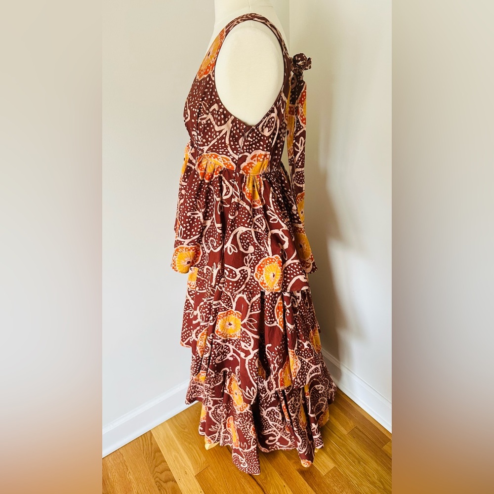 Anthropologie Atsu V-Neck Brown and Gold Ruffled Maxi Dress - Picture 6 of 10
